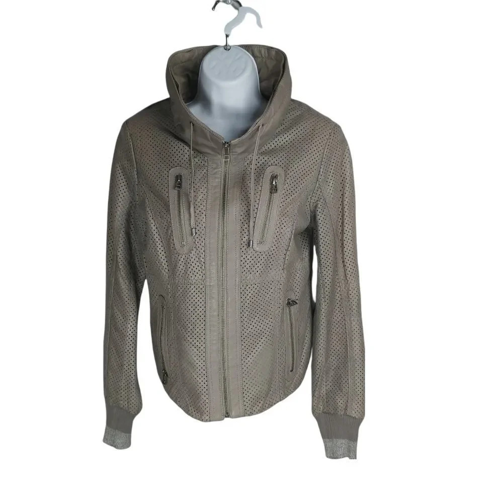Danier Leather Jacket Coat Bomber Motorcycle Cut Outs Taupe Muddy Brown XS